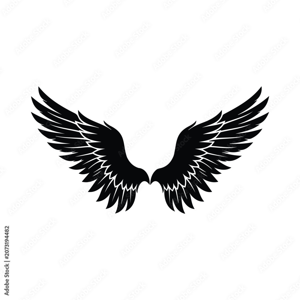 Fototapeta premium Pair of black majestic bird wings spread wide isolated graphic icon flat vector silhouette.
