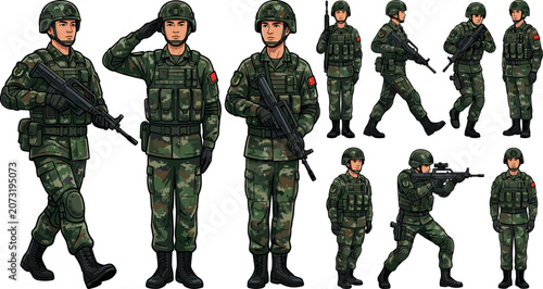 Fotografie Military Soldiers Vector Character Set Featuring Infantry Troops in Camouflage U