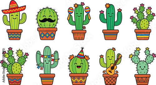 Foto Cute Mexican cactus vector set featuring funny kawaii characters with sombrero hats, maracas, mustaches, guitars, and colorful pottery pots for Cinco de Mayo decorations