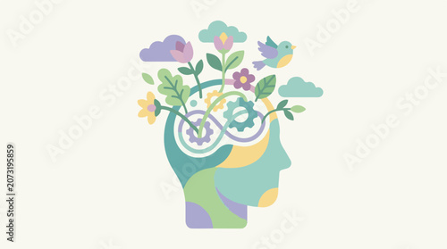 A stylized illustration of a human head with flowers and a bird growing out of it