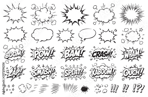 Comic Book Action Effects and Explosion Shapes Vector Set