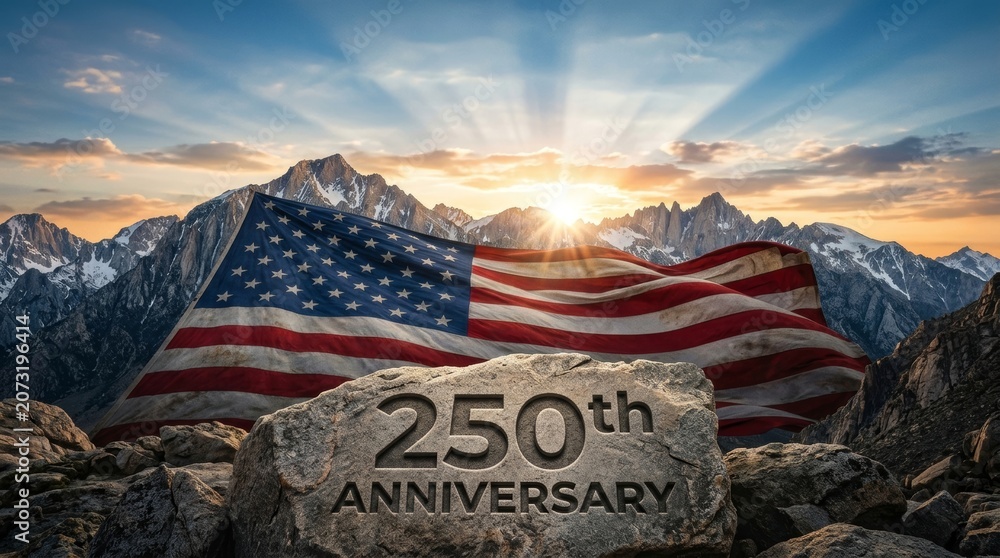 Fototapeta premium Honoring the 250th anniversary of america with a stunning landscape featuring the national flag