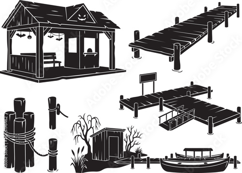 Foto Premium Halloween Riverside Ferry Dock Collection Featuring Wooden Piers Boardin