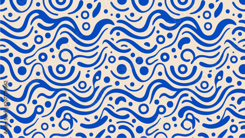Seamless Abstract Pattern with Fluid Blue Wavy Lines and Geometric Circles on a Light Beige Background for Decorative Design