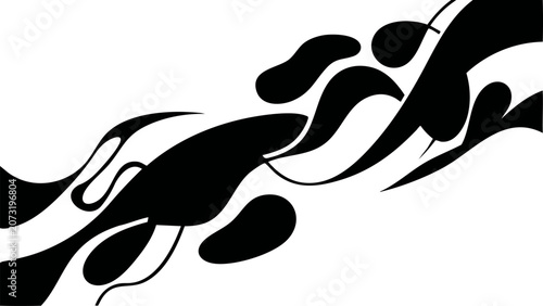 Abstract Fluid Flowing Black Organic Shapes on White Background for Modern Graphic Design and Artistic Ornamentation