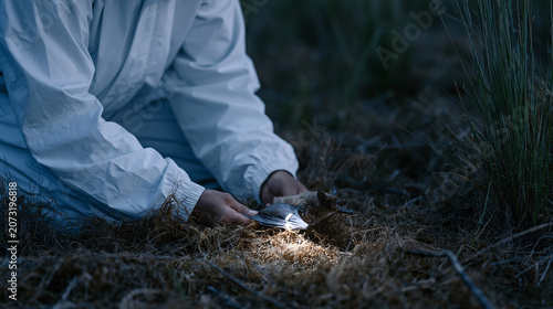 Bat researcher releasing a tagged greater horseshoe bat into a dark meadow at night, small reflective wing band catching the beam of a headlamp, ideal for wildlife telemetry,