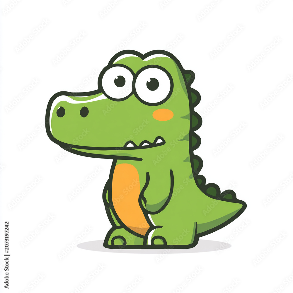 Fototapeta premium A cute cartoon crocodile in a simple flat style, featuring big expressive eyes, a friendly smile, simple shapes, and a thick outline against a solid colorful background.