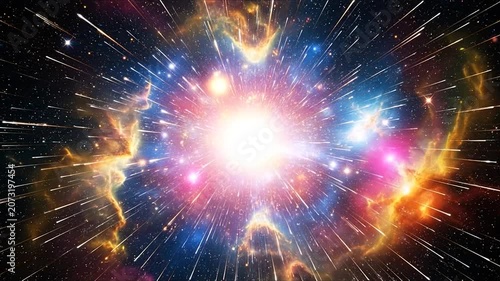 Vibrant cosmic nebula with bright light and stars.