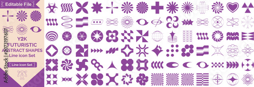Retro futuristic elements for design. Big collection of abstract graphic geometric symbols and objects in y2k style. Templates for notes, posters, banners, stickers, business cards, Set.