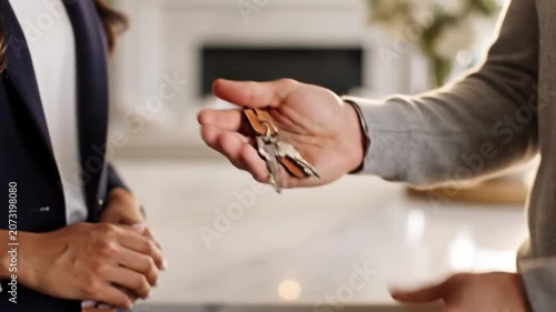 Close detail of metal house keys with leather fobs passing from person in dark blazer to recipient in light sleeve inside softly lit modern living room, suggesting home transfer and trust