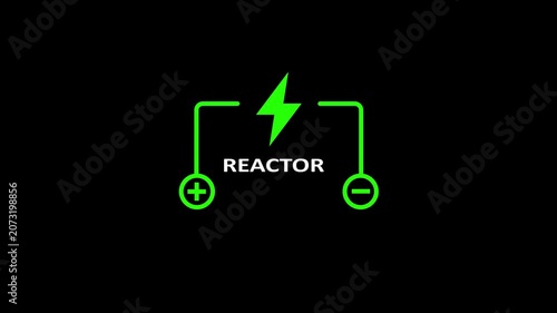 Neon green nuclear reactor with pulsing energy bolt animation, dark background, energy symbol