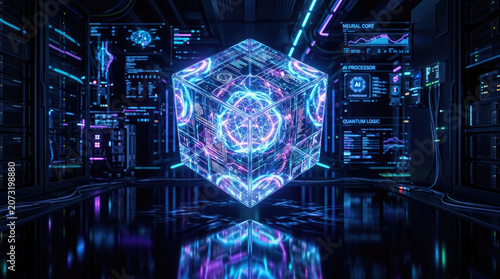 Futuristic digital laboratory featuring a glowing holographic energy cube, neon blue and purple cybernetic interface data screens and reflections art!