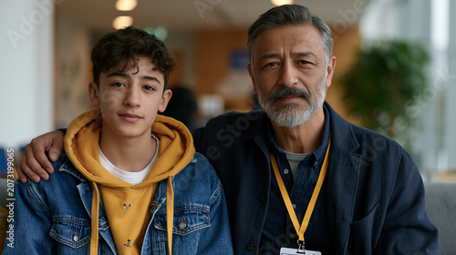 Adolescent boy and his father sitting side by side in a family therapist waiting room, shoulders almost touching, neither speaking, teen crisis and paternal support, therapy access, father-son vulne