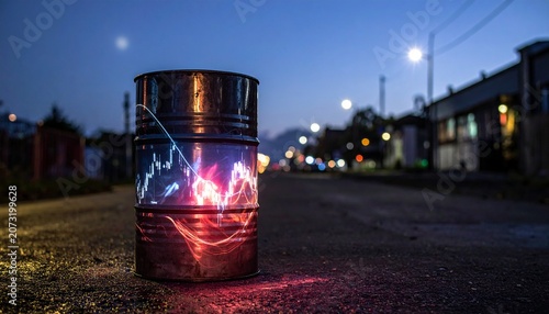 Industrial steel oil barrel standing on dark street at night with glowing financial trading chart overlay business industrial