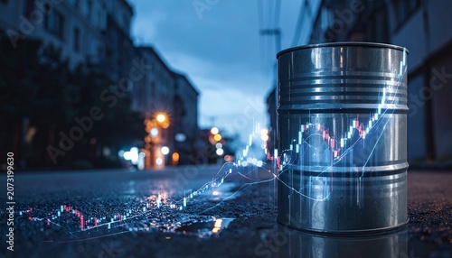 Silver metal drum on pavement at night featuring projected glowing financial market trading graph petroleum business