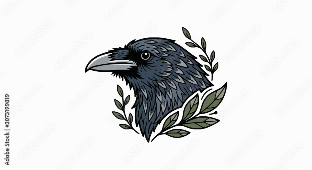 Fototapeta premium Raven head illustration with green leaves