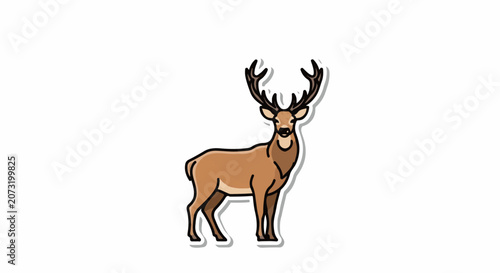A brown deer with large antlers stands on a plain white background