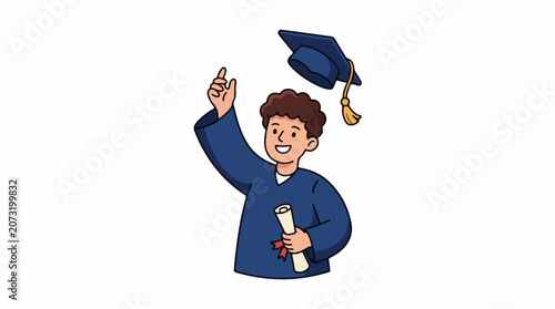 A cartoon boy in a blue graduation gown holds a diploma and points upwards