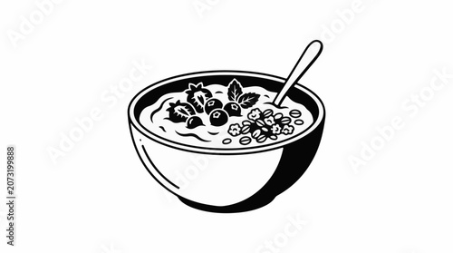 A bowl of oatmeal with berries granola and a spoon