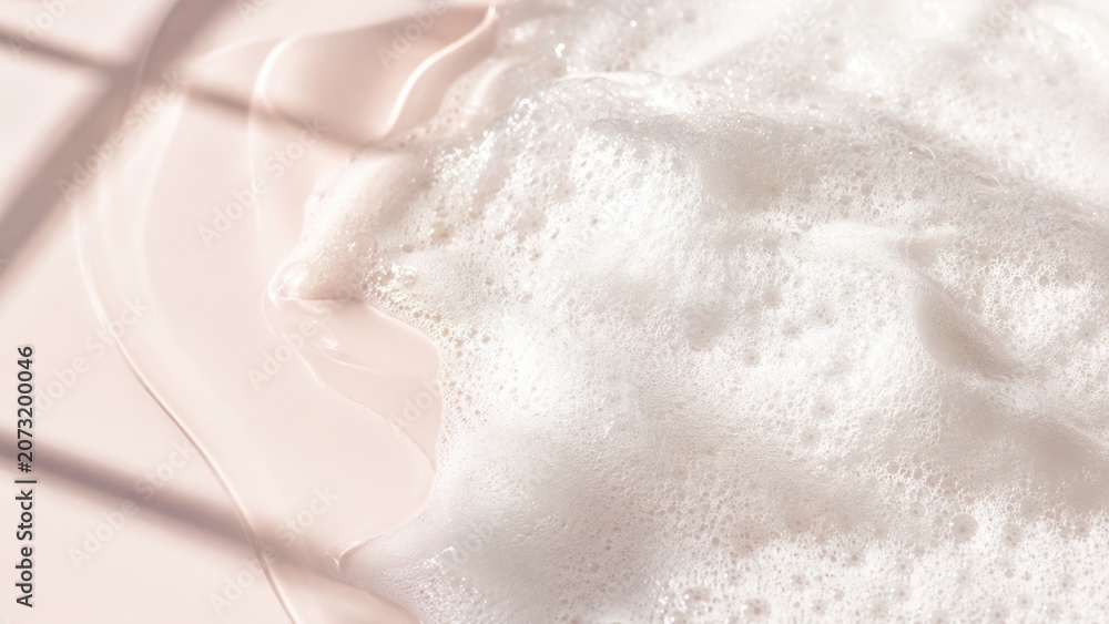 Fototapeta premium Close-up of white foam bubbles with soft light and subtle pink background texture
