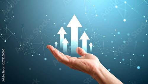 Business hand holding ascending digital arrows representing financial growth and market development with business, investment