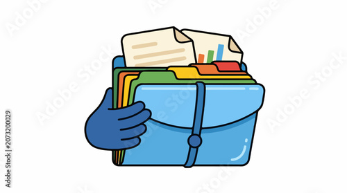 A blue briefcase filled with colorful folders and papers