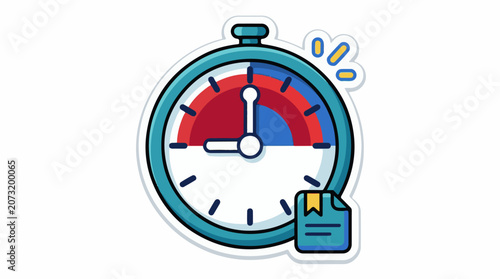 A blue and white stopwatch with a red and blue gauge next to a document