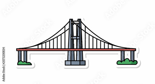 A suspension bridge with a red roadbed and gray supports