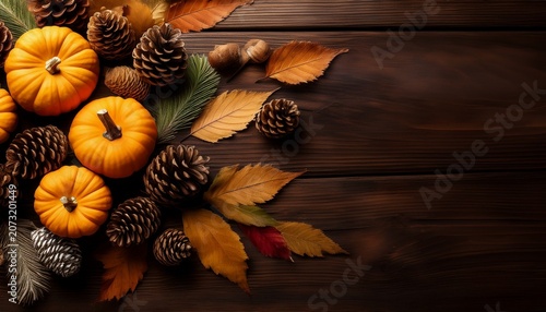 Autumn Pumpkins Pine Cones And Dried Leaves Arrangement On Dark Wooden Background