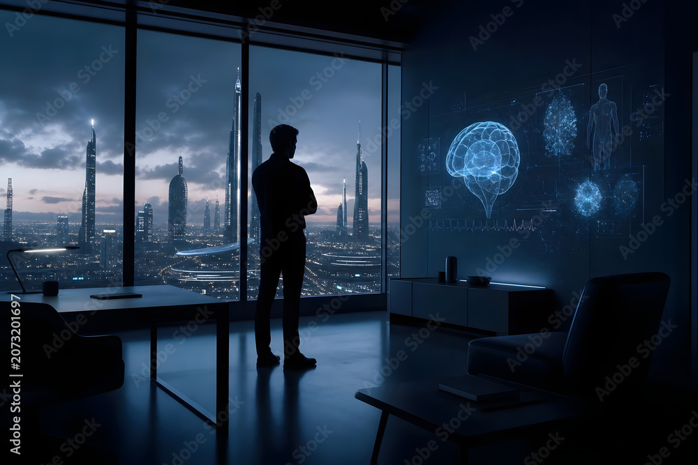 Fototapeta premium Researcher Silhouette Gazing at Abstract Data Projection in Dark