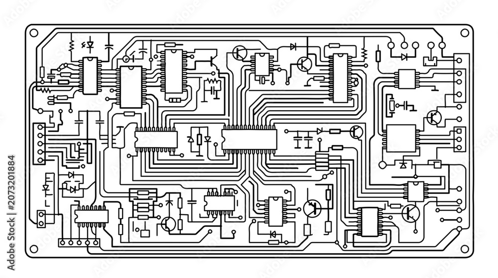 Obraz premium Technical schematic of a complex electronic printed circuit board
