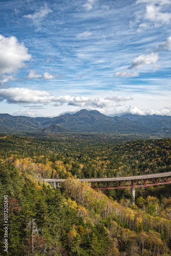 Vertical scenic view of Matsumi Bridge curving through autumn mountain forest under blue sky at Mikuni Pass, Hokkaido