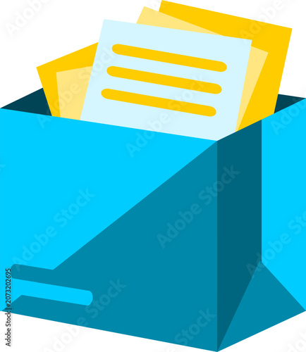 Cardboard box filled with used paper for recycling. Paper waste collection and recycling concept illustration.