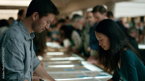 Crowded university library where a diverse team of linguists arranges thousands of handwritten Tibetan manuscript scans on light tables, color-coded stickers mapping dialects,