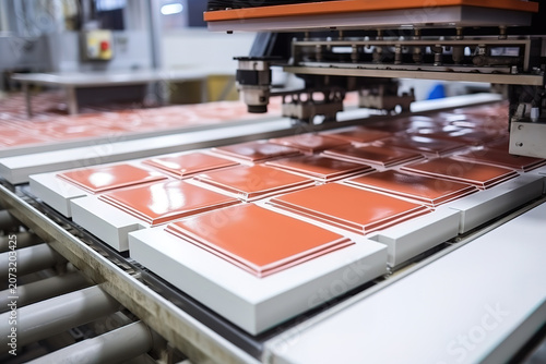 Automated production line at a factory producing ceramic tiles for construction purposes