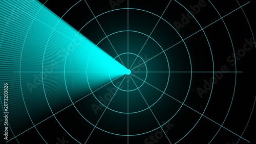 Принти на полотні Cyan radar screen with bright scanning beam and concentric circles