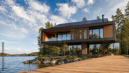 Luxury Modern Waterfront Villa on Deck Overlooking Serene Lakeside View
