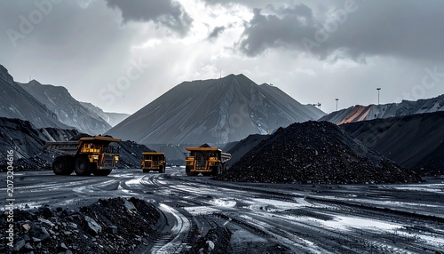 Mining Trucks Navigating Rugged Mountain Terrain.