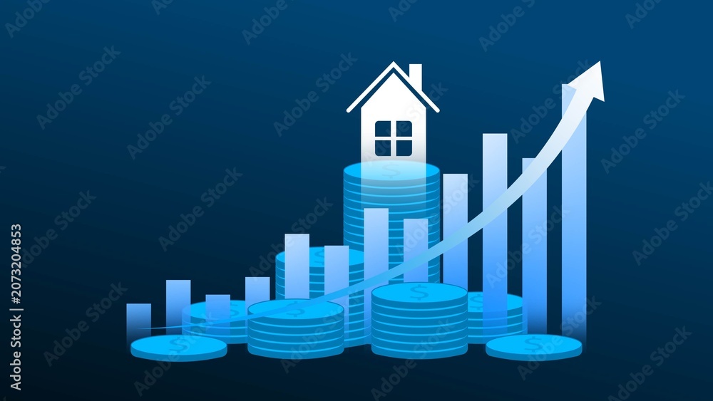 Fototapeta premium House icon on stacked coins with rising bar chart and upward arrow, showing real estate growth, investment profit, and housing market rise