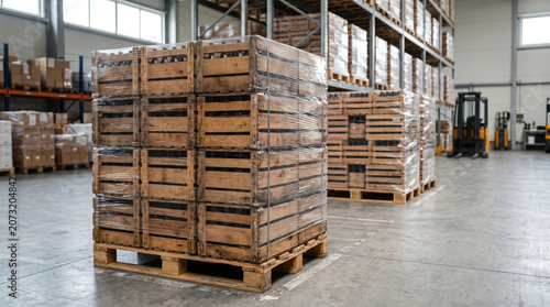Stack of Wooden Wine Crates on Pallets Inside Modern Logistic Warehouse