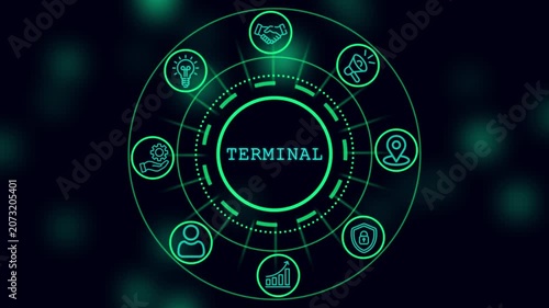 Digital terminal interface with glowing hud for business technology and network connectivity solutions