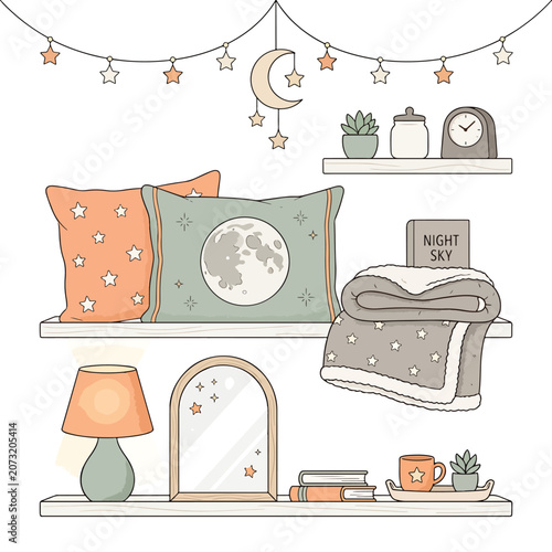 Bild auf Leinwand Cozy bedroom shelf with moon decor.
