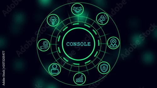Digital console interface with animated business and glowing hud for tech and corporate data visualization