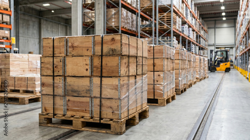 Stacked Wooden Crates on Pallets in Industrial Logistics Warehouse with Forklift