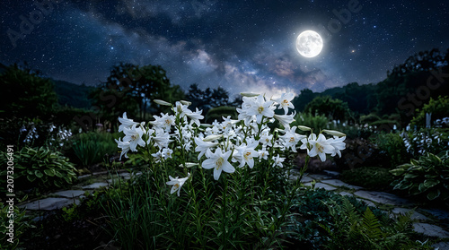 Blooming plant under moonlight in nature