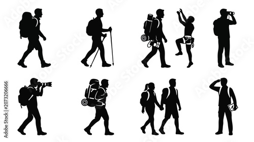 Fotografía Hiking Silhouettes Collection: Diverse Trekkers with Backpacks, Trekking Poles,