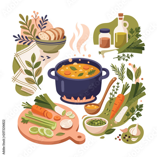 Photography Hearty Vegetable Soup Ingredients Displayed.
