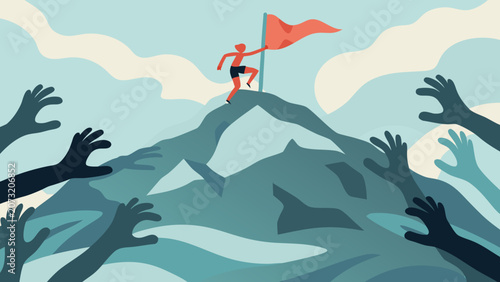 Tableau sur toile A Person Climbing A Mountain Peak With A Red Flag A Vector Illustration With Han