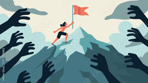Billede på lærred Person Climbing Mountain With Reaching Hands And Red Flag A Vector Illustration