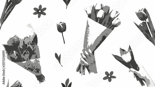Fotografie Floral ornament in grayscale a repeating pattern of tulips and blossoms against